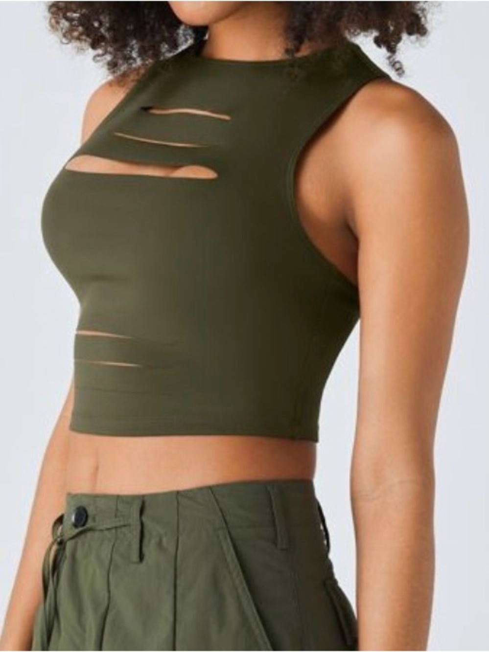 Halara DayStretch Racerback Cut Out Ripped Cropped Tank Top Green Small NEW